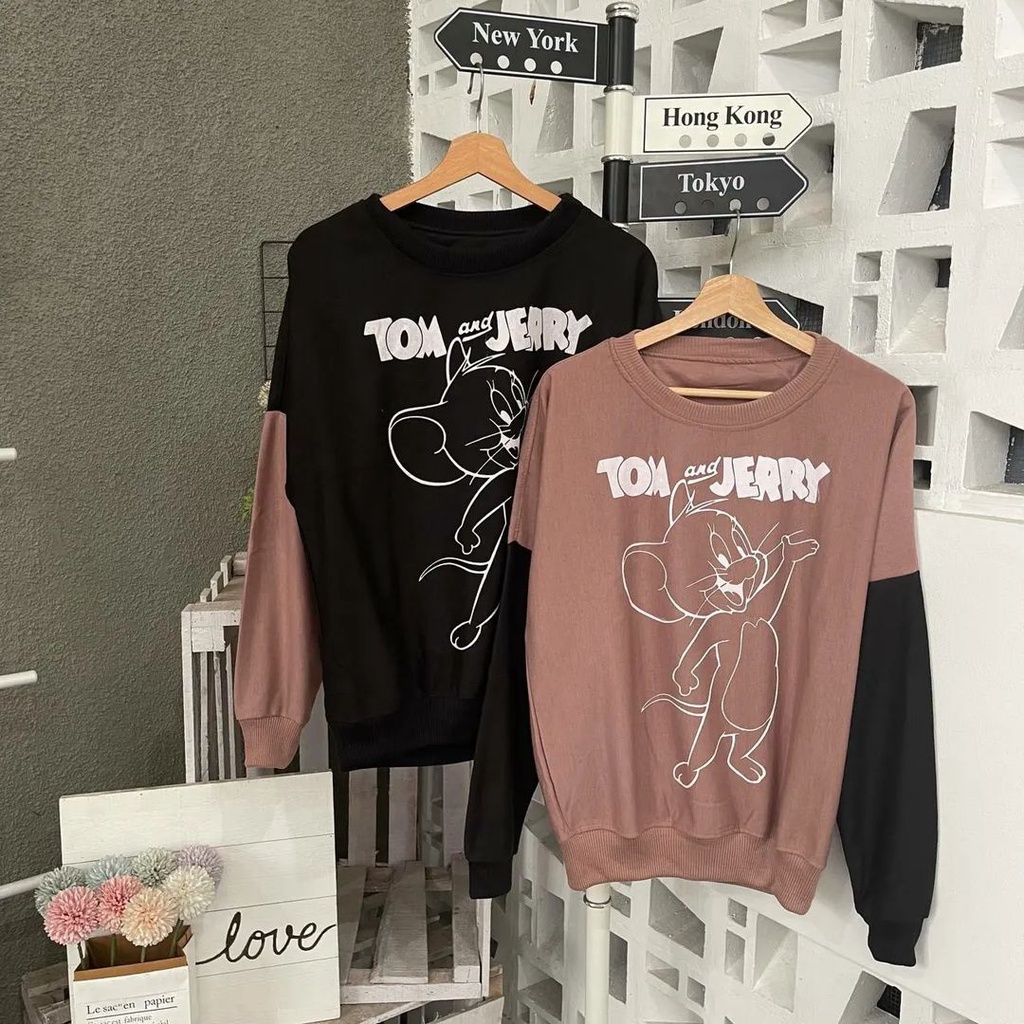 Tom &amp; Jerry Sweatshirt Atasan Unisex Mix Warna Hitam Mocha Terbaru