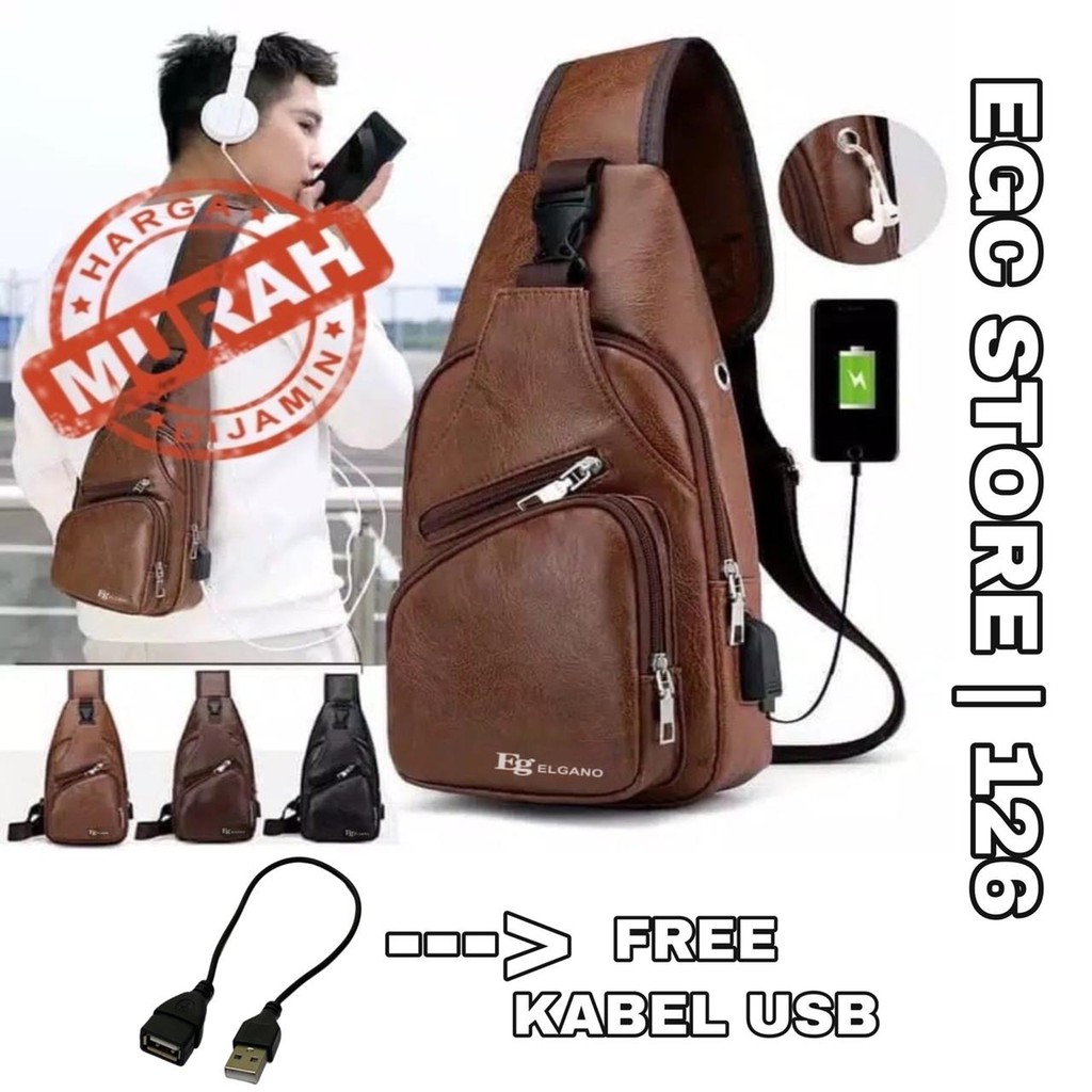 Tas Selempang Best Seller / Slempang Pria Sling Bag Kulit USB Port Slingbag Dada Shoulder COD - 126