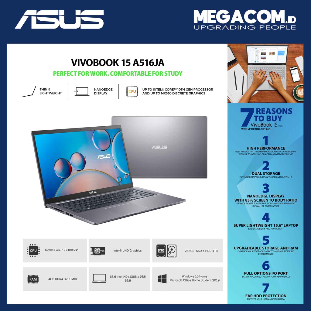 Asus A516JA-HD3121 Grey [i3-1005G1|RAM 4GB|SSD 256GB+HDD 1TB|Win10|OHS2019]