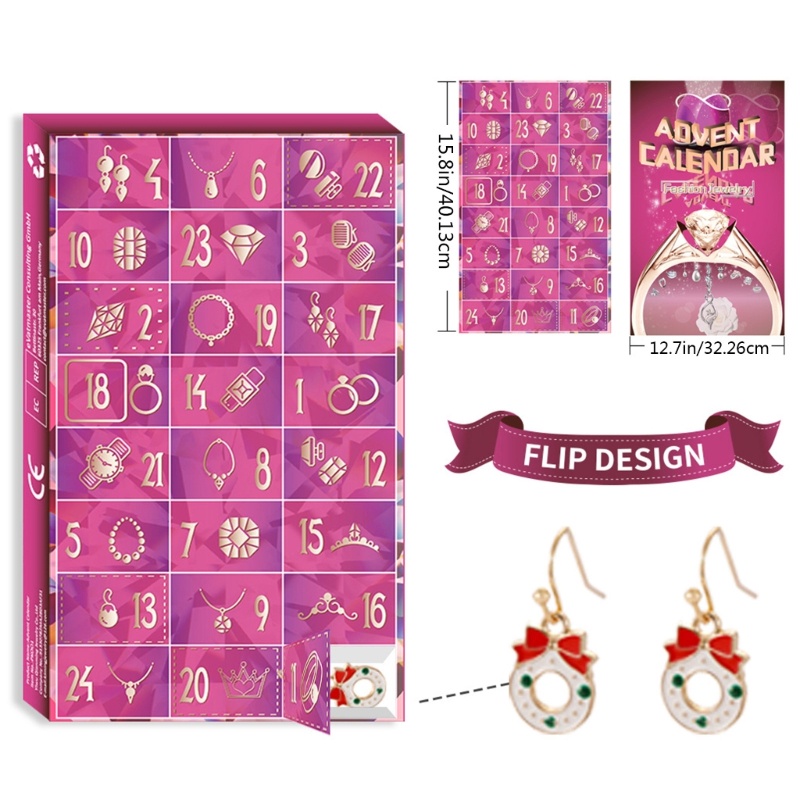 Zzz Set Kalung + Anting + Cincin + Kalender Advent 24 Hari Untuk Natal / Tahun Baru