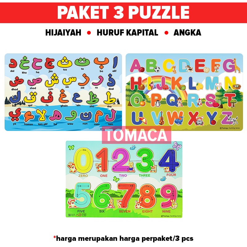 Paket Puzzle Kayu OyoOgy Angka 123 Huruf ABC Abjad Nomer Hijaiyah Bahasa Arab Edukasi Wooden