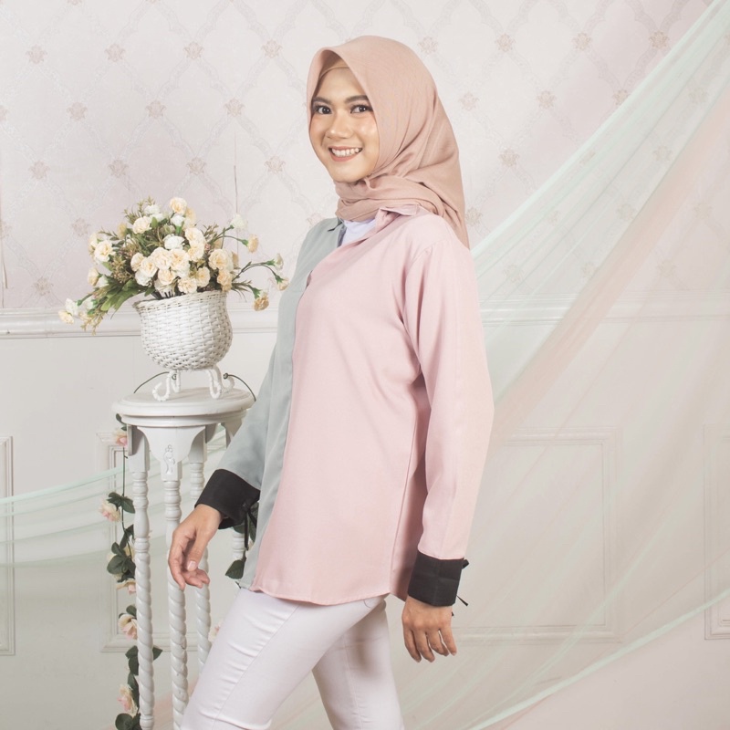 Nouri Avani Kemeja Blouse Two tone Tosca Baby Pink Moschino Premium