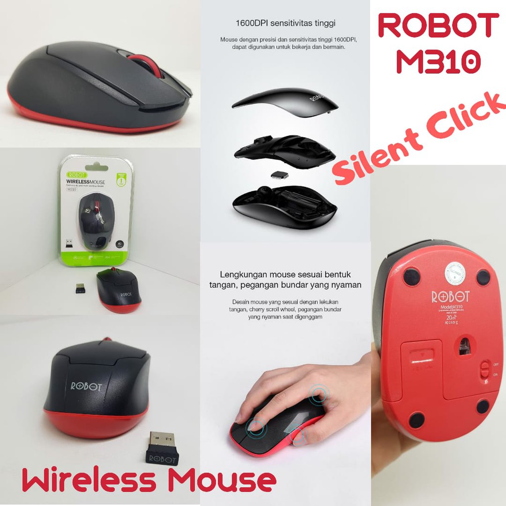 ROBOT M310 Mouse Wireless 2.4 GHz Mute Key Mouse SILENT CLICK 2.4G USB Receiver Mengklik Tanpa Suara