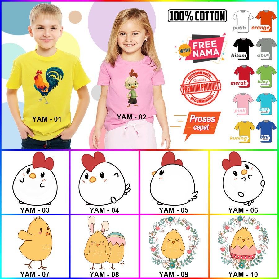 Baju Kaos ANAK DAN DEWASA CHICKEN AYAM COUPLE (FREE NAMA)