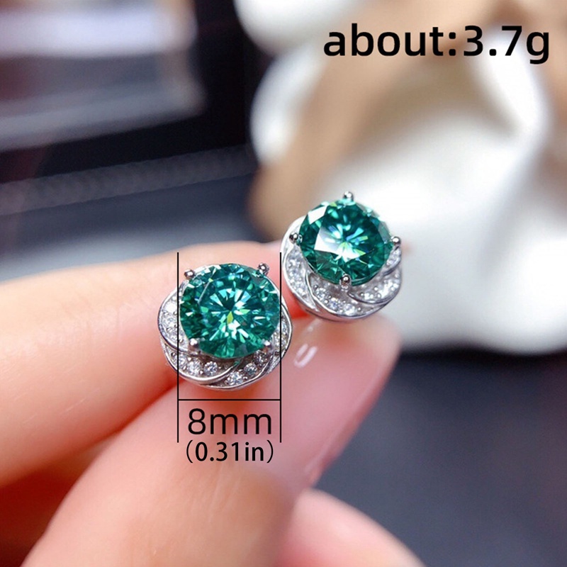 Anting Stud Zircon Bentuk Bunga Bulat Warna Hijau Bahan Silver Untuk Wanita