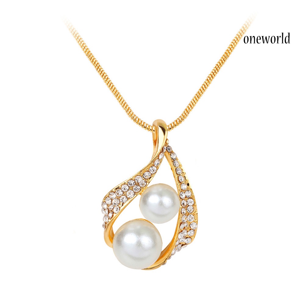 OW@ Wedding Bridal Imitation Pearl Rhinestone Hollow Stud Earrings Ring Necklace Set