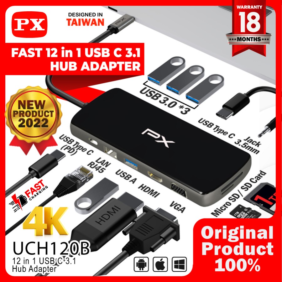 PX UCH120B Hub Converter Type C 3.1 Macbook Laptop HDMI USB 12 in 1 PX UCH120B Type C 3.1 Hub Conver