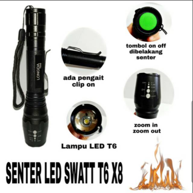 Senter Swatt LED T6 X8 5Mode 2Baterai Super Terang