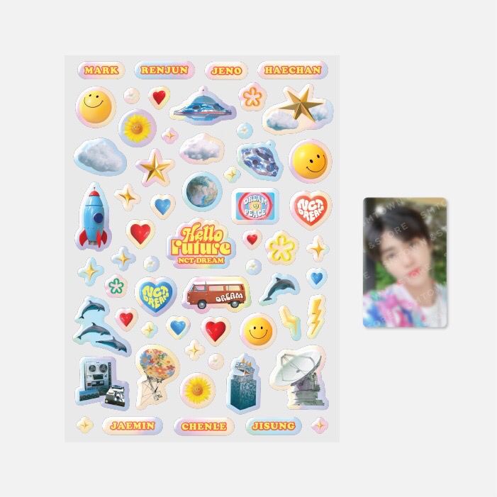 READY STOCK OFFICIAL NCT DREAM HELLO FUTURE HOLOGRAM EPOXY STICKER & PHOTOCARD SET