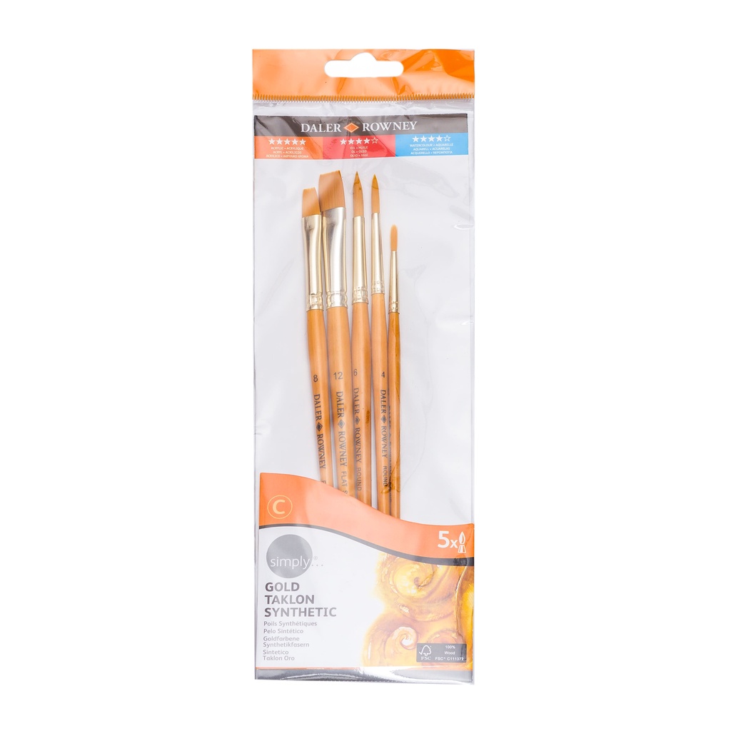 

Daler Rowney Kuas Cat Akrilik Simply Acrylic Gold Taklon Brush Set 5 Pcs #3 - Halus, Anti Rontok