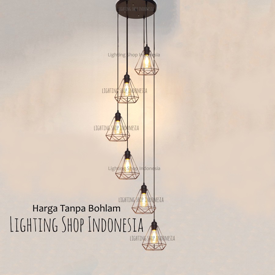 Lampu gantung void tangga 6in1 gold hitam minimalis 6 lampu model diamond