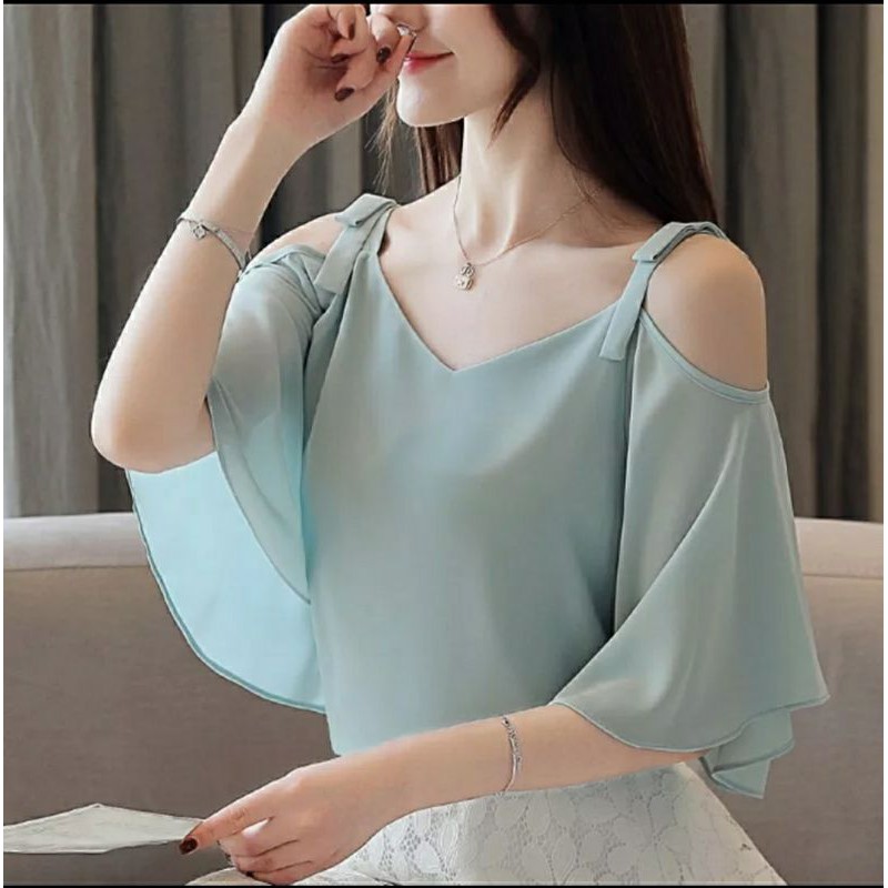 H Top Best Baju Atasan Blouse Wanita Cewe Lengan Pendek Bahu Tali Ikat Ala Korea Shopee Indonesia
