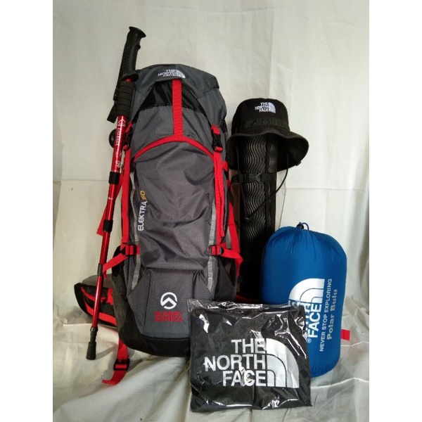 Paket kumplit hiking  Tas Gunung Tas carrier tnf elektra bucket hat tracking pole sleeping bag rain 