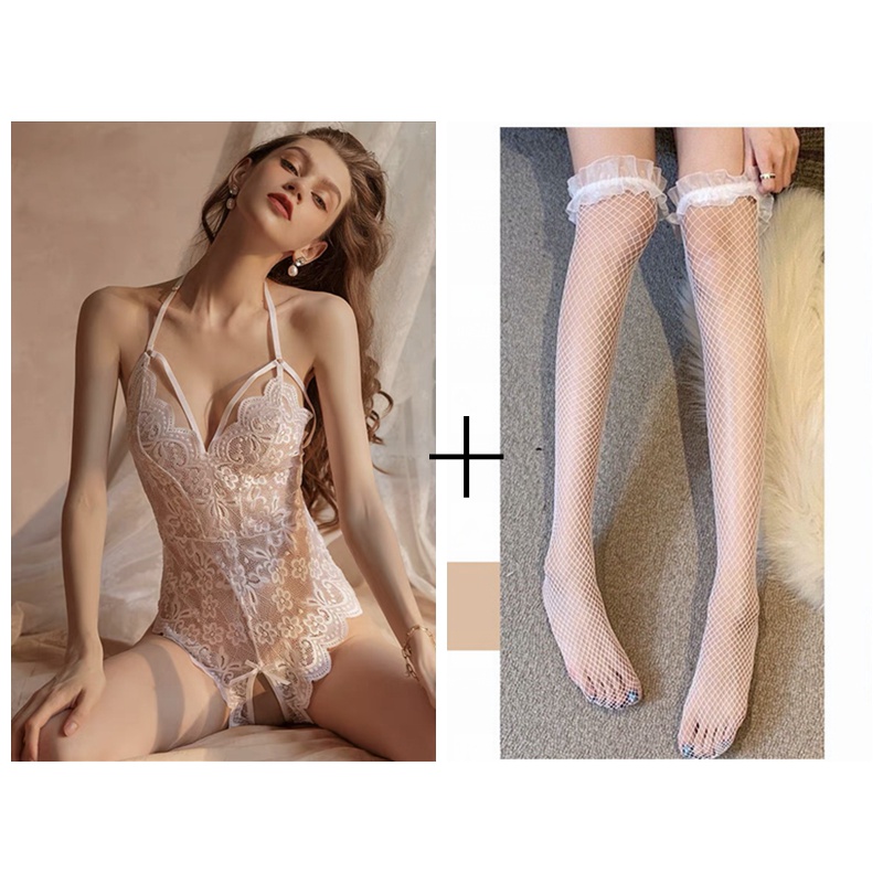 Wanita Lingeria Hot Sexy onesie bodysuit Tipis Renda Open Cup Crotchless Lingerie Babydoll A5220/B-Putih/B+Stoking/3S0