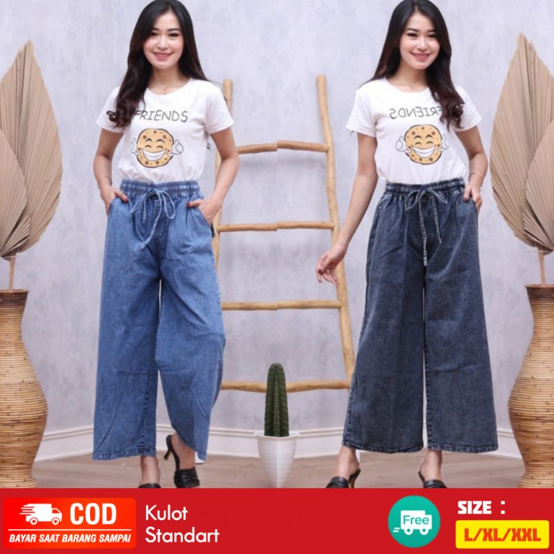 KULOT JEANS WANITA / CELANA WANITA /  pinggang karet - tali depan - bahan denim