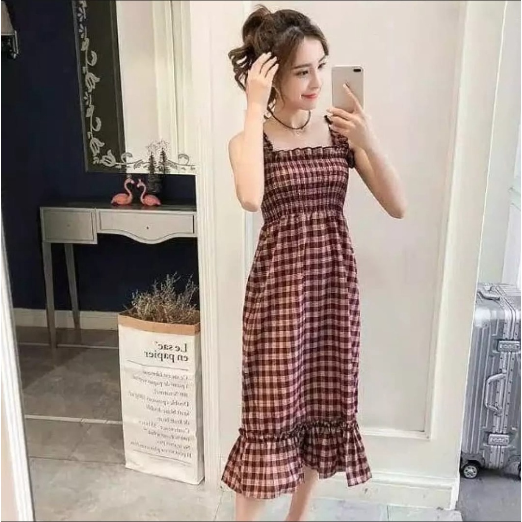 BEFAST - ZEC OOTD Wanita Dress Kasual BOUYA / Ivana Dress / Dress OOTD Ke Pantai / Dress Motif Kotak-kotak / Dress Style Korean / Dress Casual / Dress Unik / Dress Remaja Kekinian