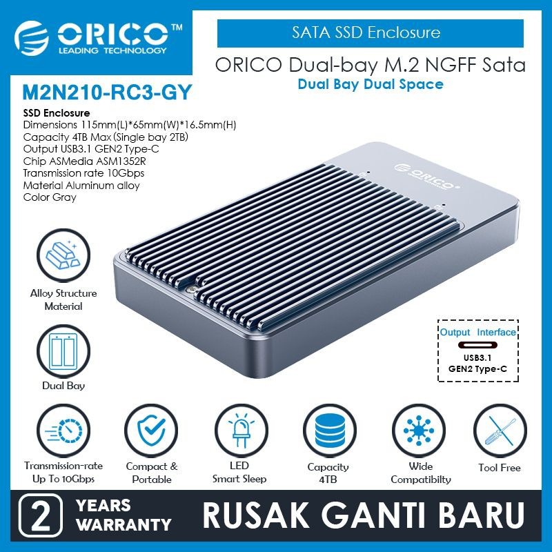 Ssd m.2 ngff sata enclosure orico 2 bay RAID type-c 10Gbps m2n210-rc3 - Case m2 b-key external raid