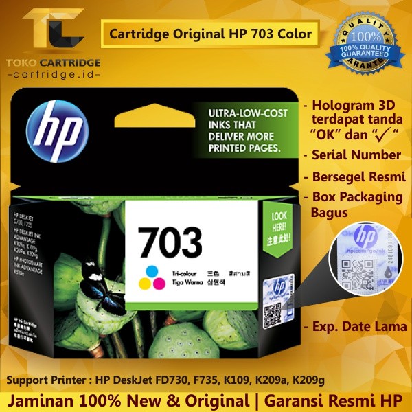 Catridge HP 703 Tri-Colour Original Color Ink Cartridge CD888AA Katrid Tinta Warna Printer F735 D730