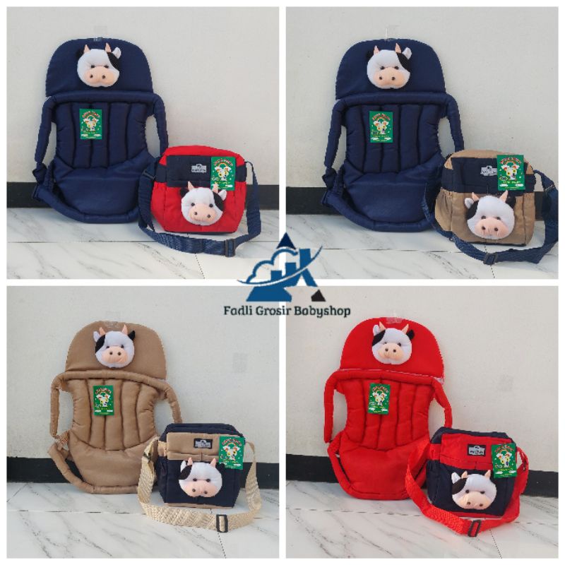 Paket Hemat (2 in 1) Gendongan Bayi Depan Duduk Topi Boneka Sapi Dan Tas Bayi Boneka Sapi