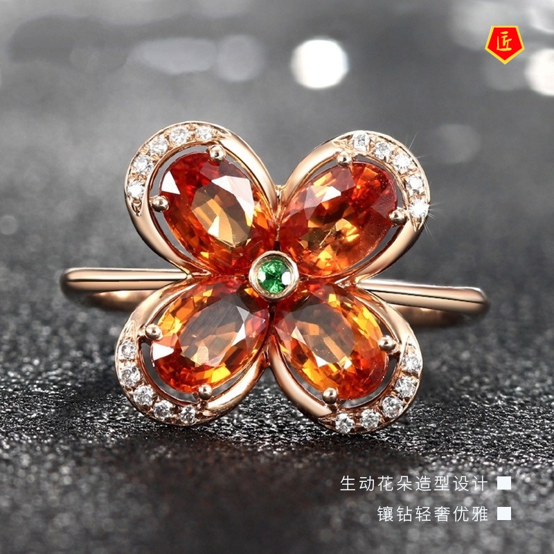 [Ready Stock]Elegant Gemstone Diamond Flower Ring 18K Rose Gold