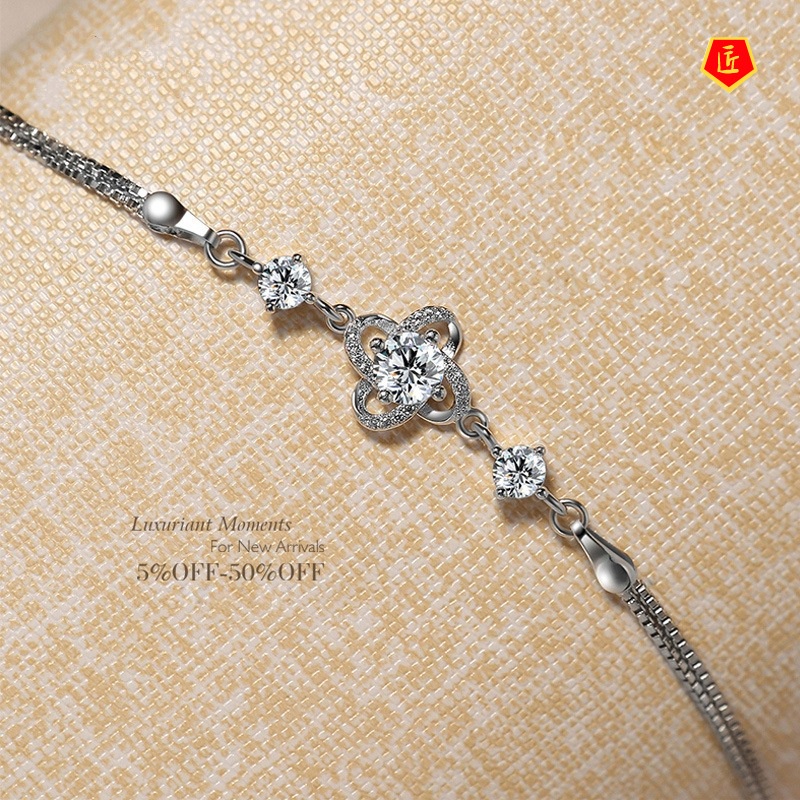 [Ready Stock]Fashion Diamond Silver Clover Bracelet