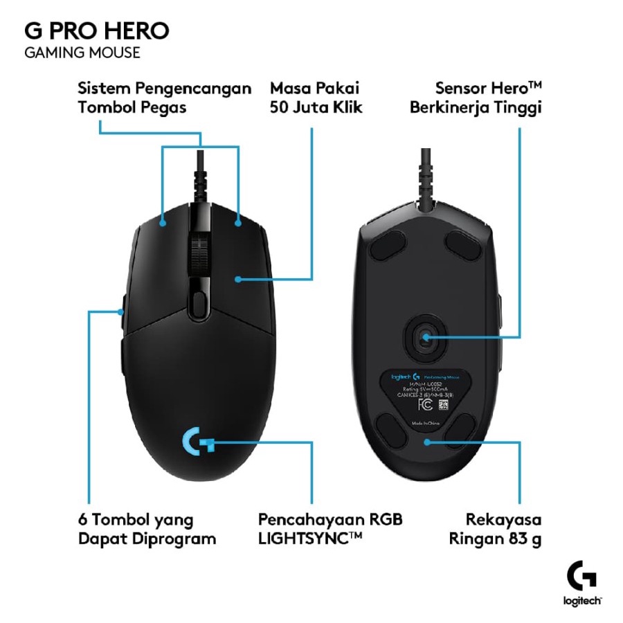 Logitech G Pro Mouse Gaming Wired Sensor HERO 25K DPI for E-Sports