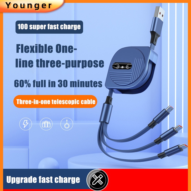 3in1 Kabel Charger Usb Tipe c 6a 100w Fast Charging Retractable Portable Untuk Android