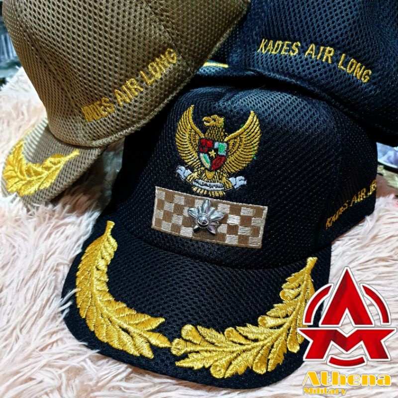 Topi jaring lurah | Topi kades warna Khaki dan Hitam free bordir nama dan melati logam