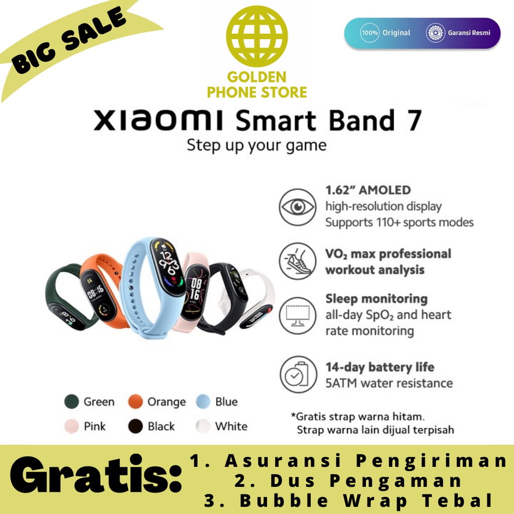 Xiaomi Smart Band 7 Layar AMOLED 1,62'’ 110+ Mode Olahraga Baterai Hingga14 hari* Tahan Air 5ATM*