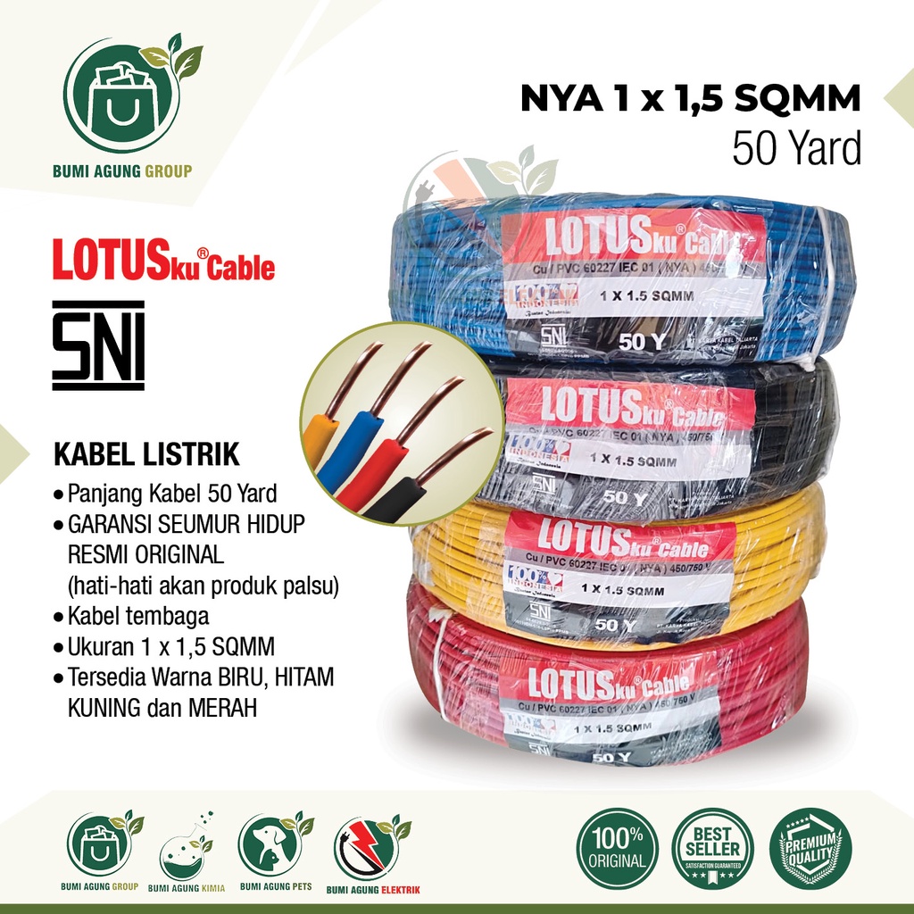 Kabel NYA 1.5mm 1,5mm LOTUSKU 50 Yard 1x1.5 1x1,5 1.5 1,5 50Y 50 Y bukan 50m 50 m 50 meter