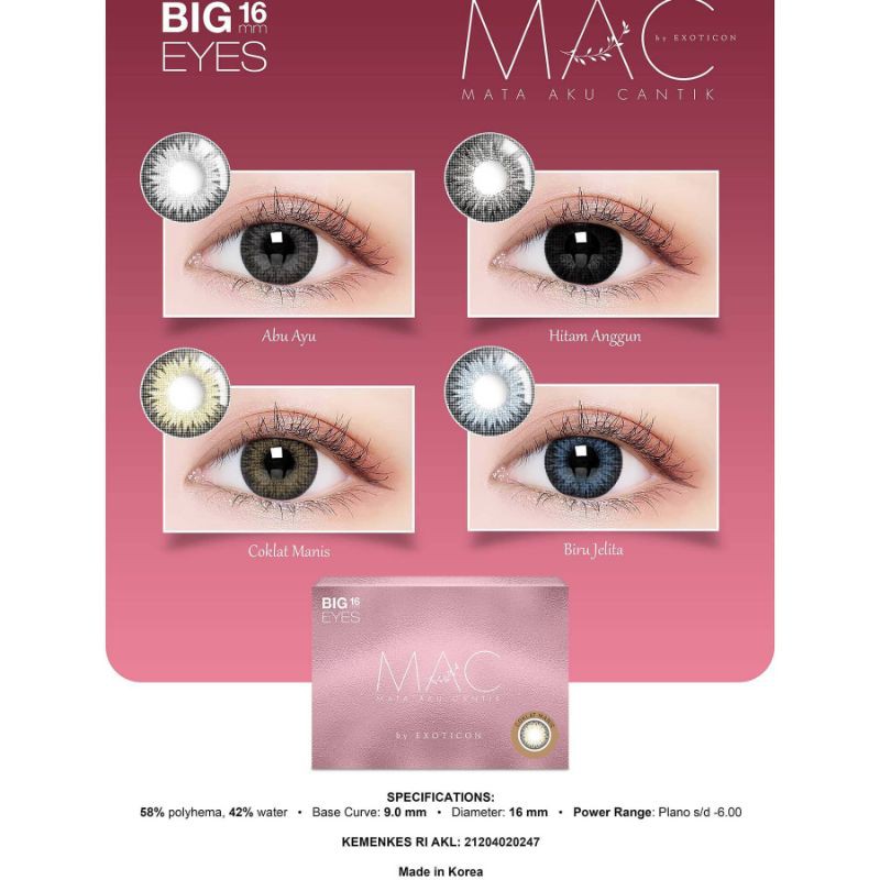 Softlens MAC Mata Aku Cantik dia 16mm by X2 Exoticon Korea Original perhiasan kosmetik mata