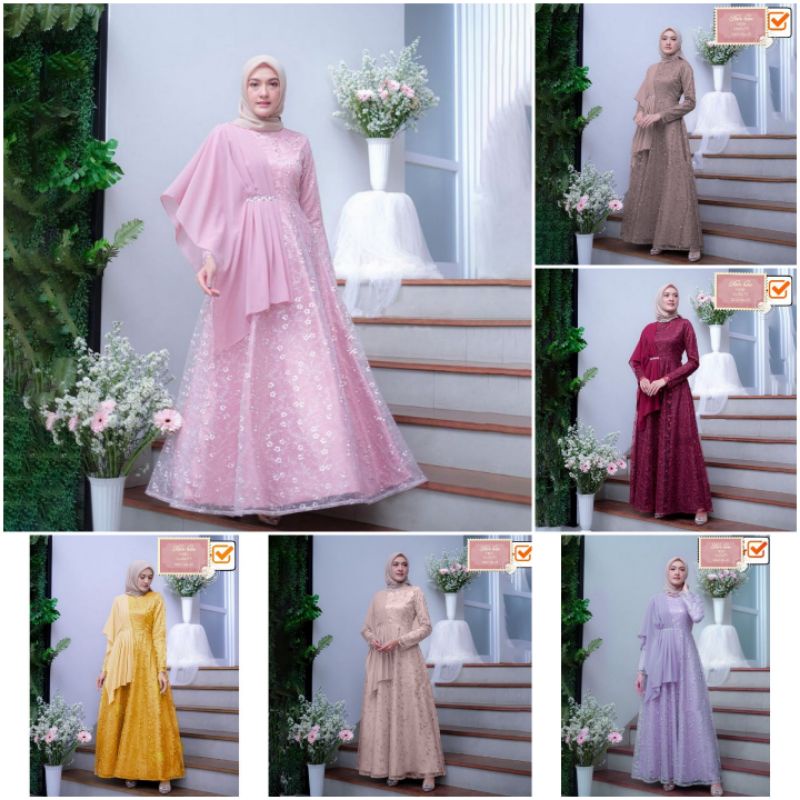JUMBO LONG MAXI DRESS WANITA NAFILAH BROKAT TILE MUTIARA LAPIS CREPE CAROLINA FIT LD 100 - LD 120