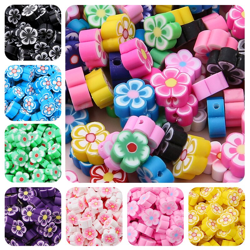 30pcs Manik-Manik Spacer Polymer Clay Motif Print Bunga Warna Campur 10mm Untuk Membuat Perhiasan