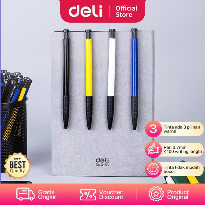 

CODE472 Deli Pulpen Retractable 3 Warna 1Box isi 36Pcs hasil tinta tebal 6546