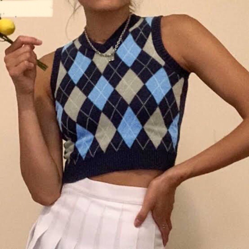 BLUE ARGYLE VEST/ Cropped Argyle Vest/ rompi vest wanita argyle crop y2k aesthetic krop sleeveless