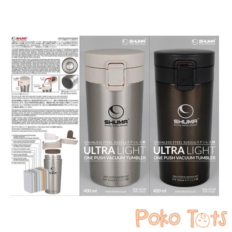 Shuma Ultra Light One Push Vacuum Tumbler 400ml Termos Stainless Steel SUS316 Botol Minum WHS