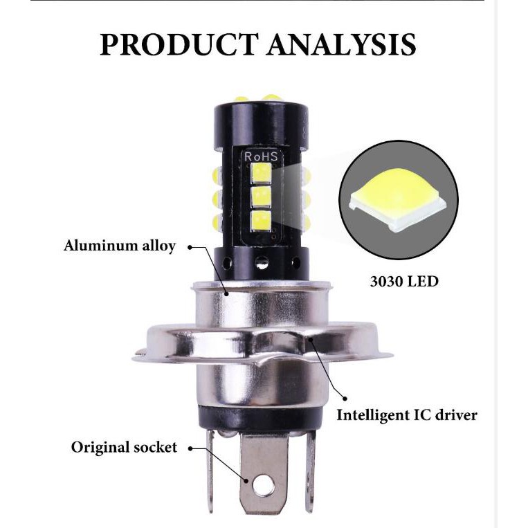 Lampu LED H4 Cree 3030 15 Mata 15 Watt Lampu Depan Motor Mobil H4