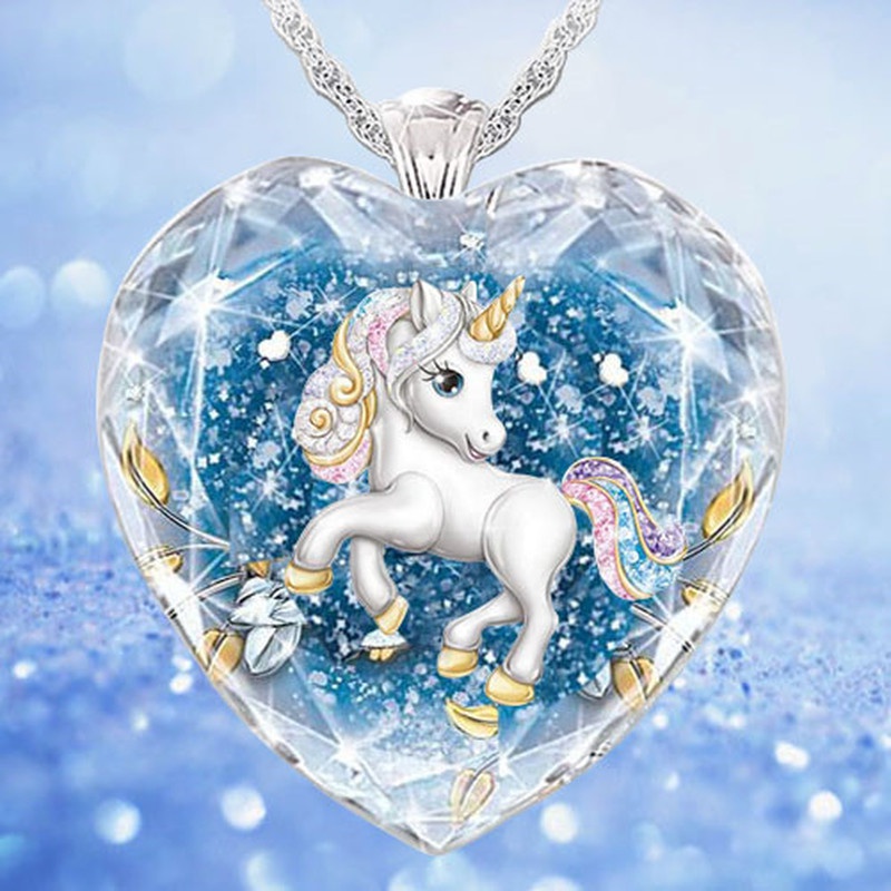 Kalung Dengan Liontin Unicorn Aksen Kristal Warna Biru Untuk Wanita