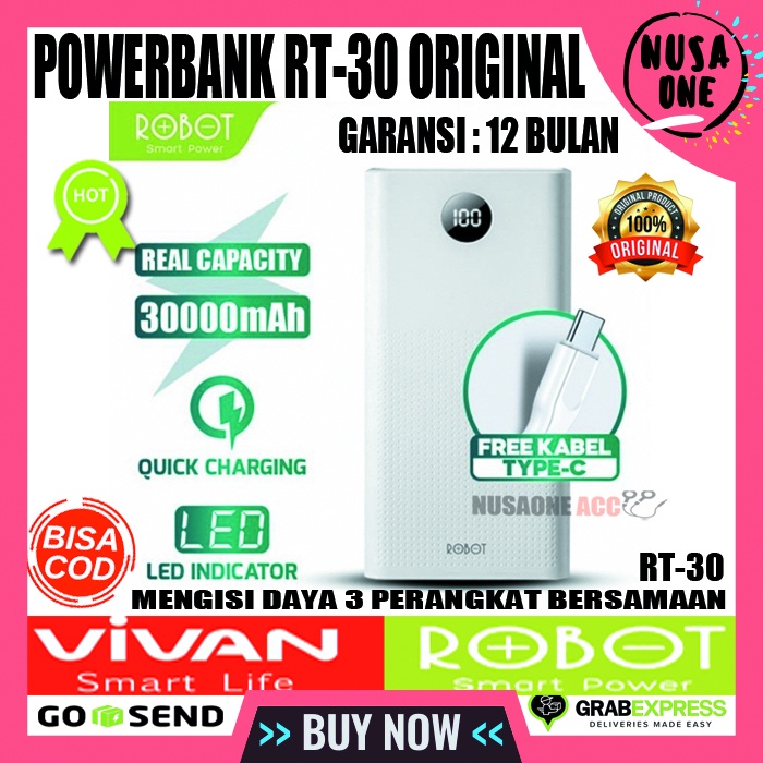 ROBOT POWERBANK RT30 30000 MAH 3 PORTS USB 22.5 2 QUICK CHARGING POWER BANK ROBOT 30000 MAH 3 LUBANG