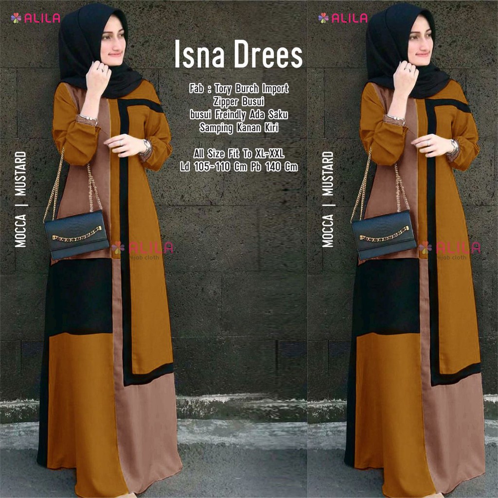ISNA DRESS BAHAN TORY BURCH IMPORT GAMIS BY ALILA BUSUI FRIENDLY MOCCA MUSTARD
