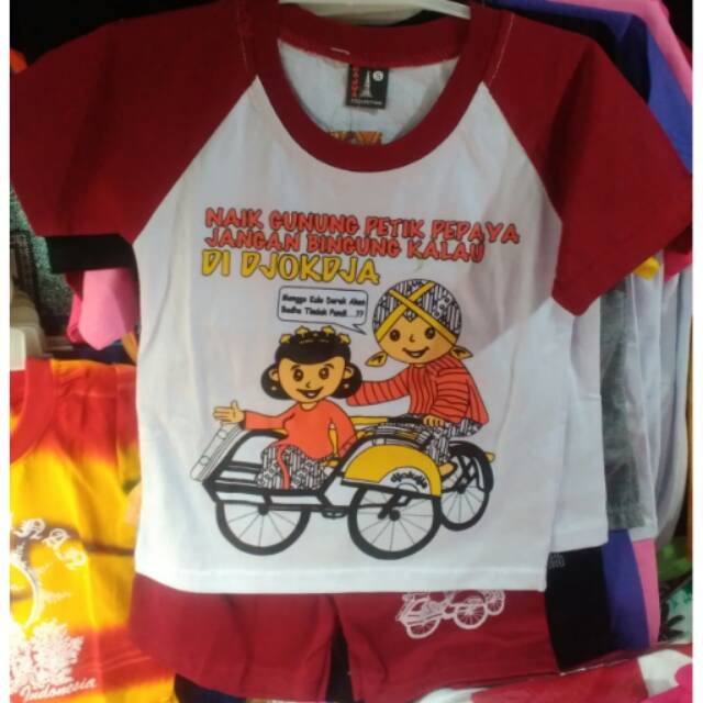 TERMURAH! Setelan Katun Anak Naik Becak L-XXL usia 4-12 tahun - Kaos Unisex Tugu Malioboro Jogja