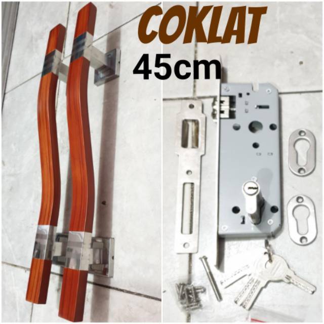 Paket handle pintu stainless 45cm maroon/ coklat/ full stainless 1set + body pelor