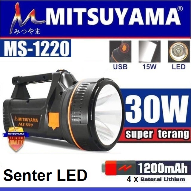 Senter MS-1220 Mitsuyama LED 30W + Lampu Emergency 15W Super Terang, USB, Rechargeble Free 4 Batre Ultra Power | FMS