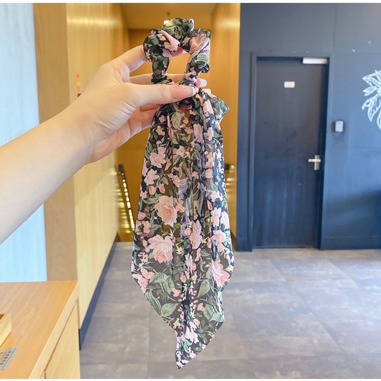 Ikat Rambut Karet Scrunchie Panjang untuk Wanita Korea Motif Bunga Bahan Halus Dalika
