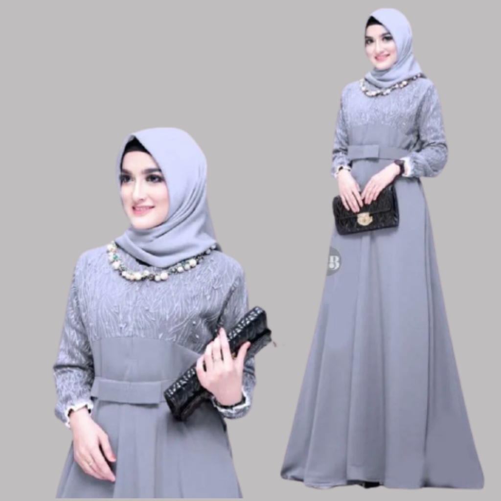 GAMIS BRUKAT MUTIARA QUEENBY KOMBINASA MOSCREPE / Gamis Brukat Busui Muslimah Bumil-GREY