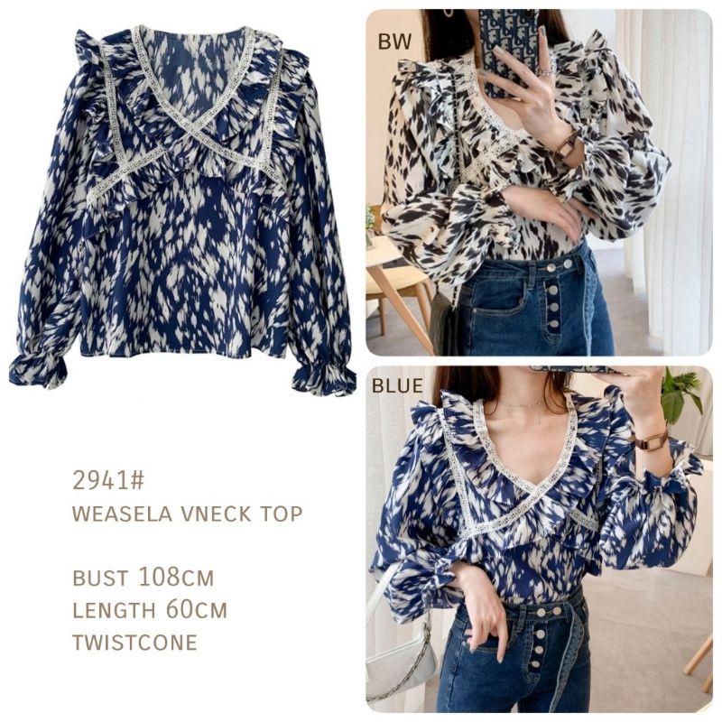 MDLV ~ 2941 WEASELA VNECK TOP BLOUSE CEWEK ATASAN LENGAN PANJANG CEWEK FASHION IMPORT WANITA