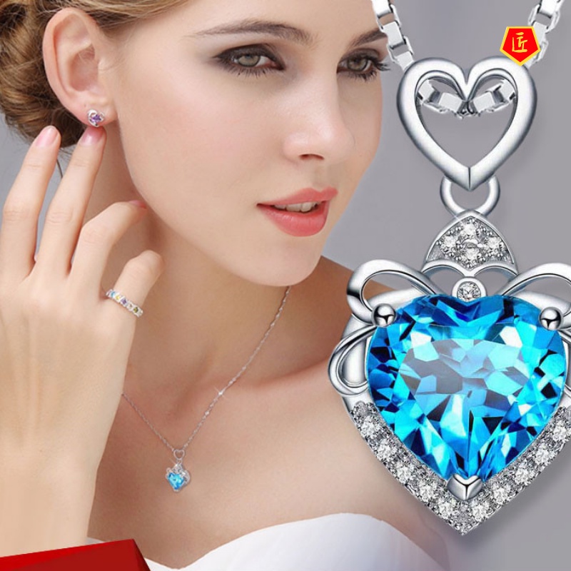 [Ready Stock]Purple Blue Crystal Superior Heart-Shaped Necklace Women's Fashion Elegant