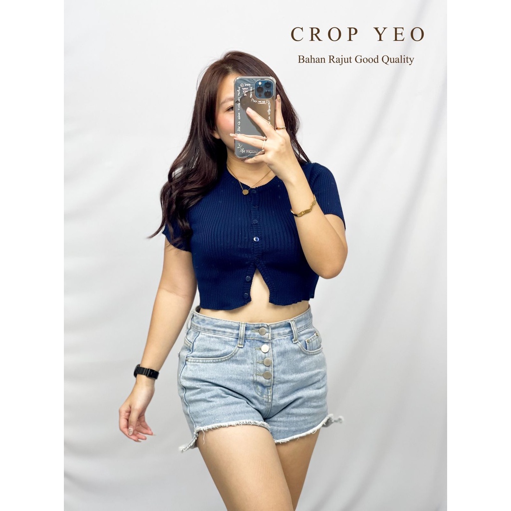 HOPYLOVY Atasan Wanita Blouse Lengan Pendek Bahan Rajut Crop Yeo