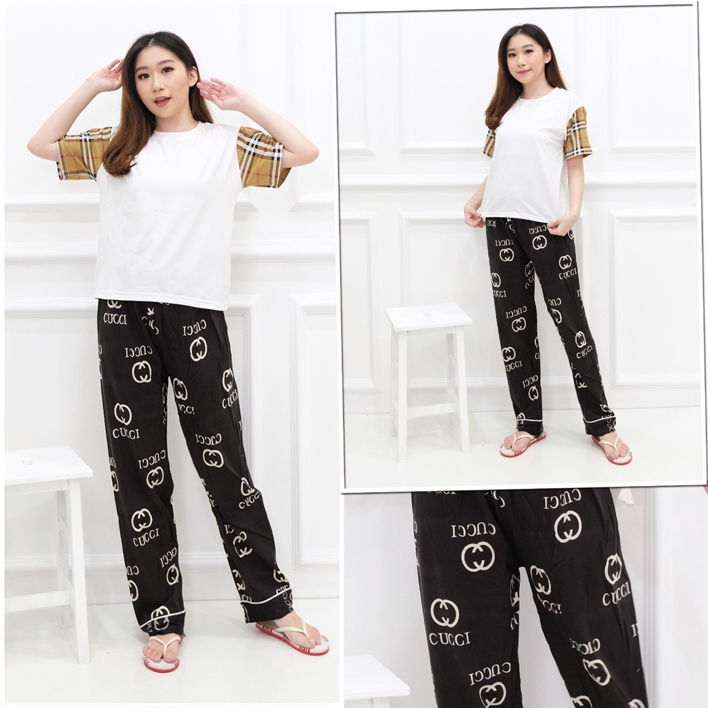 Piyama Baju Tidur Import Sleepwear Lengan Pendek Celana Panjang Polos Stelan Rumah Oversize Ice Silk-CP-Polos Gucci