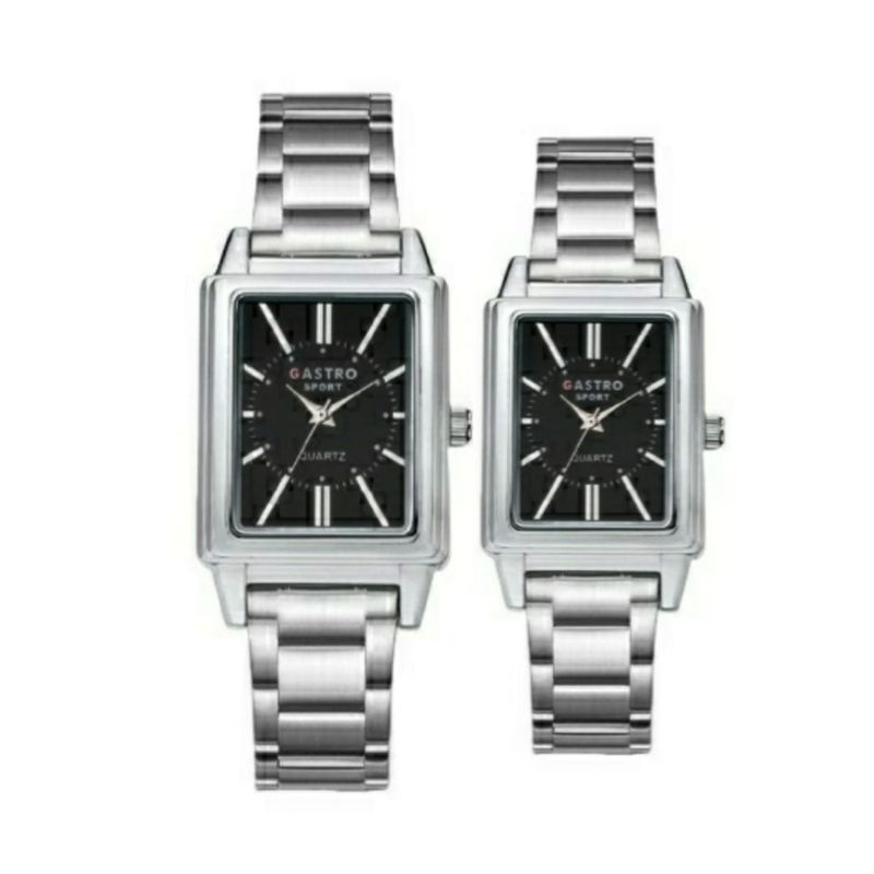 Jam Tangan Persegi Pria Wanita Couple  Gastro Ful Black Rantai Stainless Steel Persegi Panjang Terbaru_Jam Couple